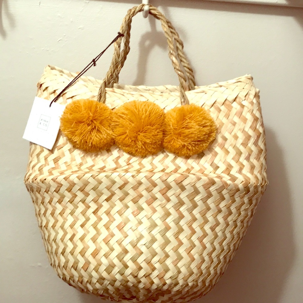 Woven Straw Small Tote with Pom-Pom Detail
